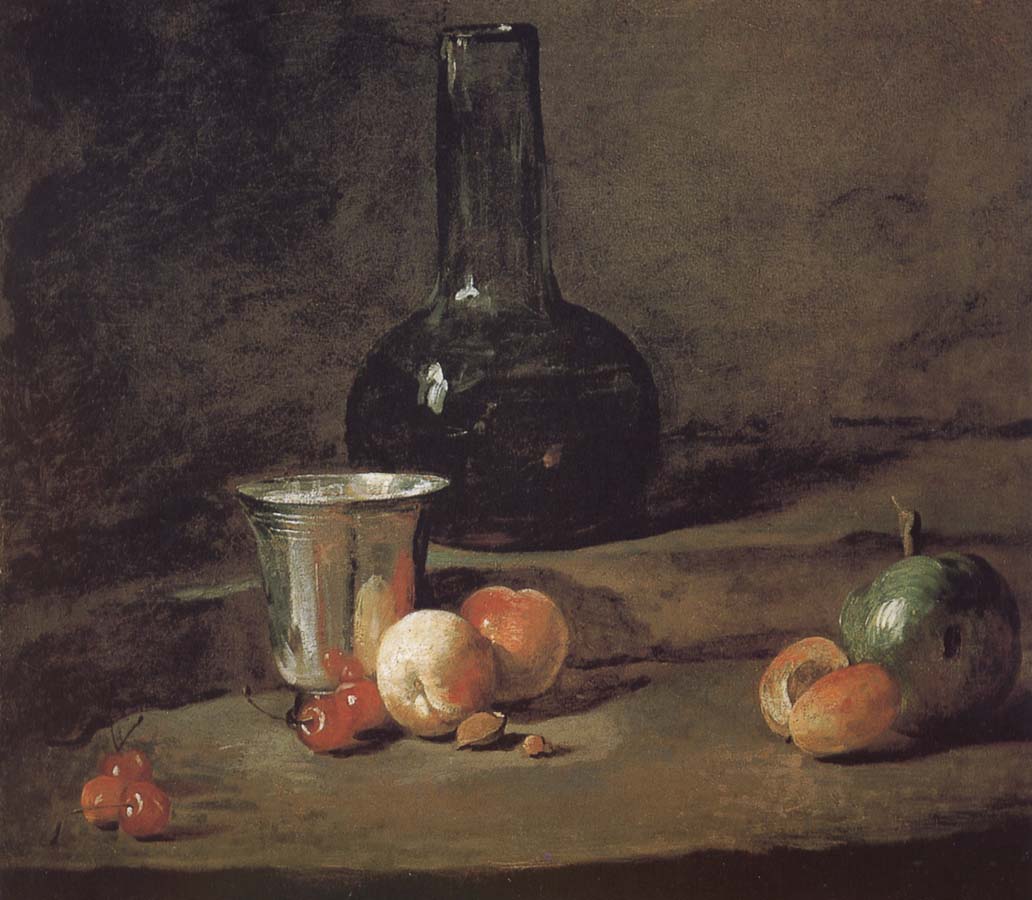 Jean Baptiste Simeon Chardin Wine glass bottles fitted five silver Cherry wine a two peach apricot, and a green apple